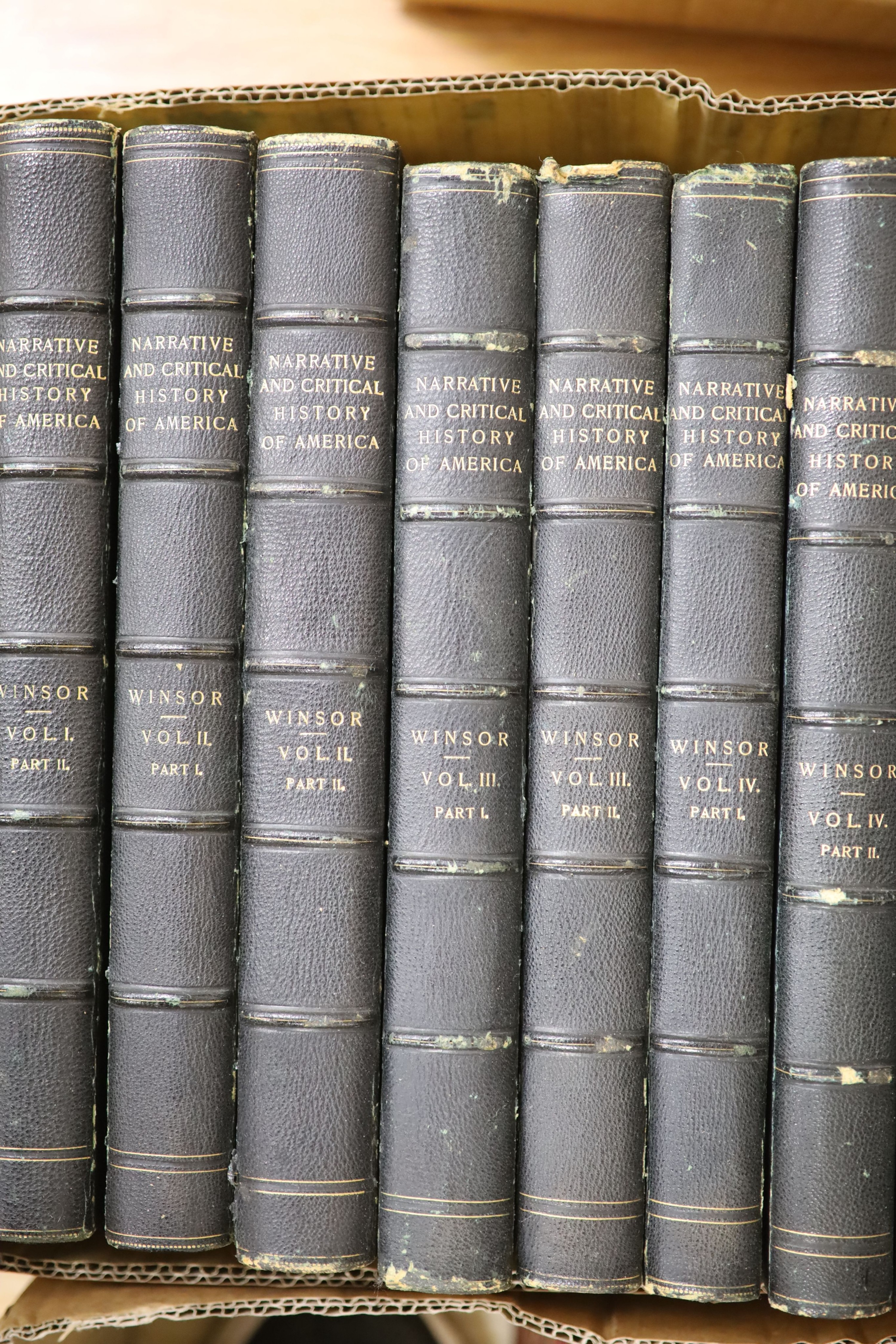 Winsor, Justin - Narrative and Critical History of America. 1st edition, 8 vols in 16. Complete with at least 19 illustrated plates, 2 of which are in colour, plus numerous text illustrations (many full or double page).